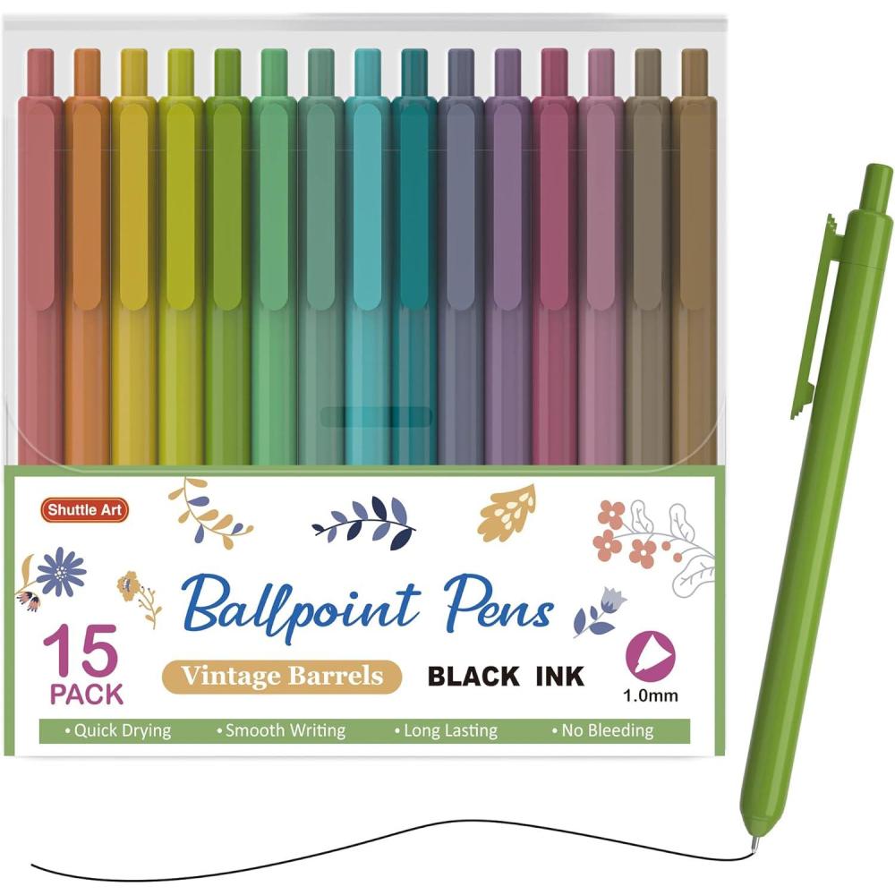 imageShuttle Art Ballpoint Pens 24 Pack Colored Retractable Black Ink Ball Point Pens Cute Pens 10mm Medium Point Quick Drying for Writing Journaling Taking Notes School Office HomeVintage Barrel15 Black Ink