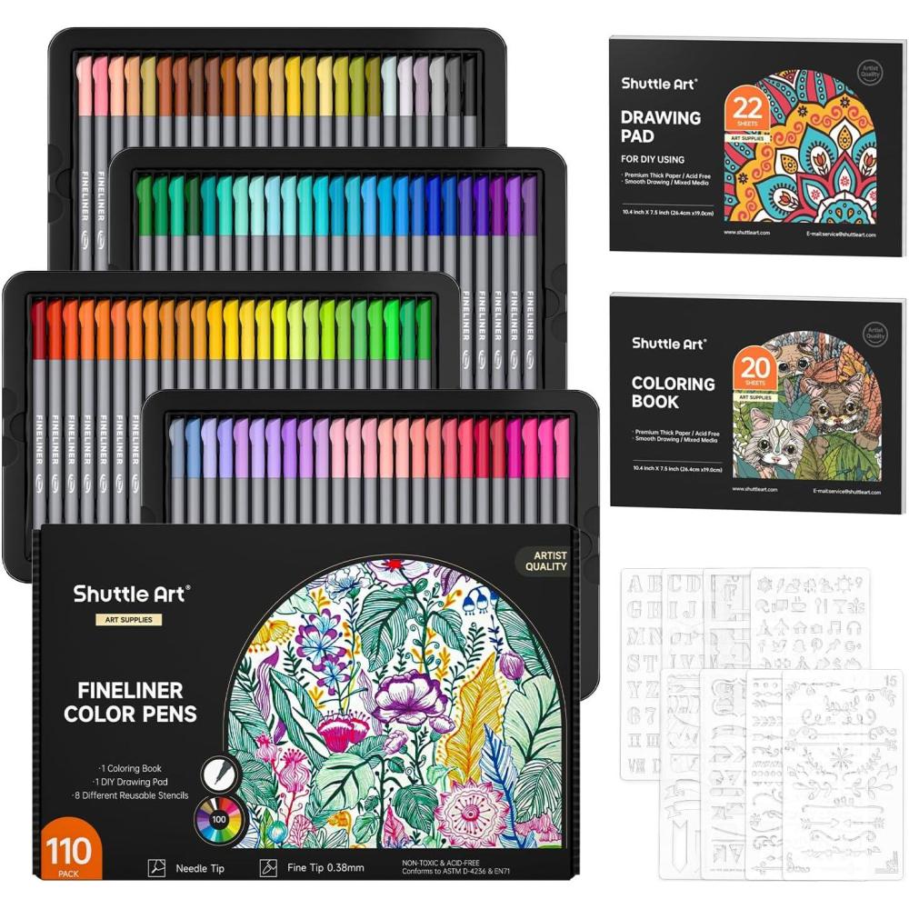 imageShuttle Art Fineliner Colored Pens 100 Colors 038mm Fine Point Pens with Stencils ampamp Adult Coloring Books for Coloring Drawing Detailing Writing Note Taking Calendar and Journal Art Projects100 Colors with Stencils