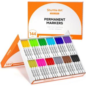 Shuttle Art 144 Pack Permanent Markers, Permanent Marker Assorted Colors, 12 Bright Colors Fine Point Permanent Markers For Kids and Adult Coloring on Wood, Stone, Glass as Office, School Supplies