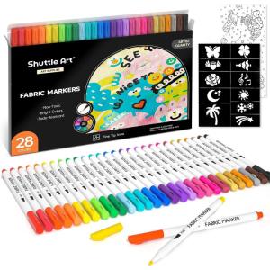 Shuttle Art 28 Colors Fabric Markers, Shirt Permanent Markers for Clothes Sneakers Jeans with 11 Stencils 1 Fabric Sheet, Fabric Pens for Kids Adult Painting Writing(28 Colors)