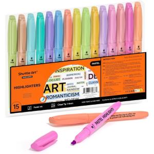 Shuttle Art Highlighters, 15 Colors Pastel Highlighter Pens Assorted Colors, Chisel Tip Dry-Quickly Non-Toxic Highlighter Markers for Adults Kids Highlighting in the Home School Office(15 Pastel Colors)