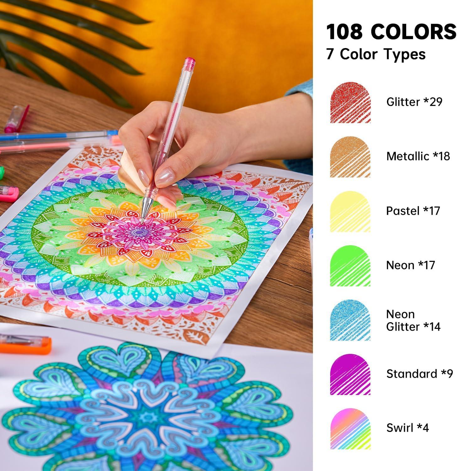 image108 Colors Gel Pens Set Gel Pens for Adult Coloring Books Journals Drawing Doodling Art Markers