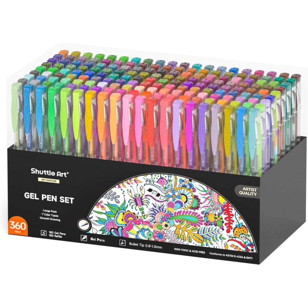 imageShuttle Art 360 Pack Gel Pens Set 180 Colors Gel Pen Set Plus 180 Color Refills Perfect for Adult Coloring Books Doodling Drawing Art Markers360 Pack