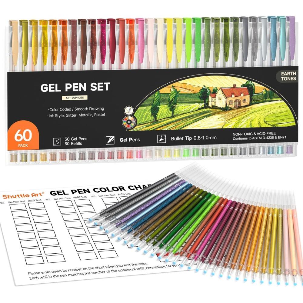 imageShuttle Art 60 Pack Tone  Pink Purple Gel Pens with 30 Refills for Adults Coloring Books Journaling Drawing Nature Landscapes Animals Scenes60 Pack Earth Tone