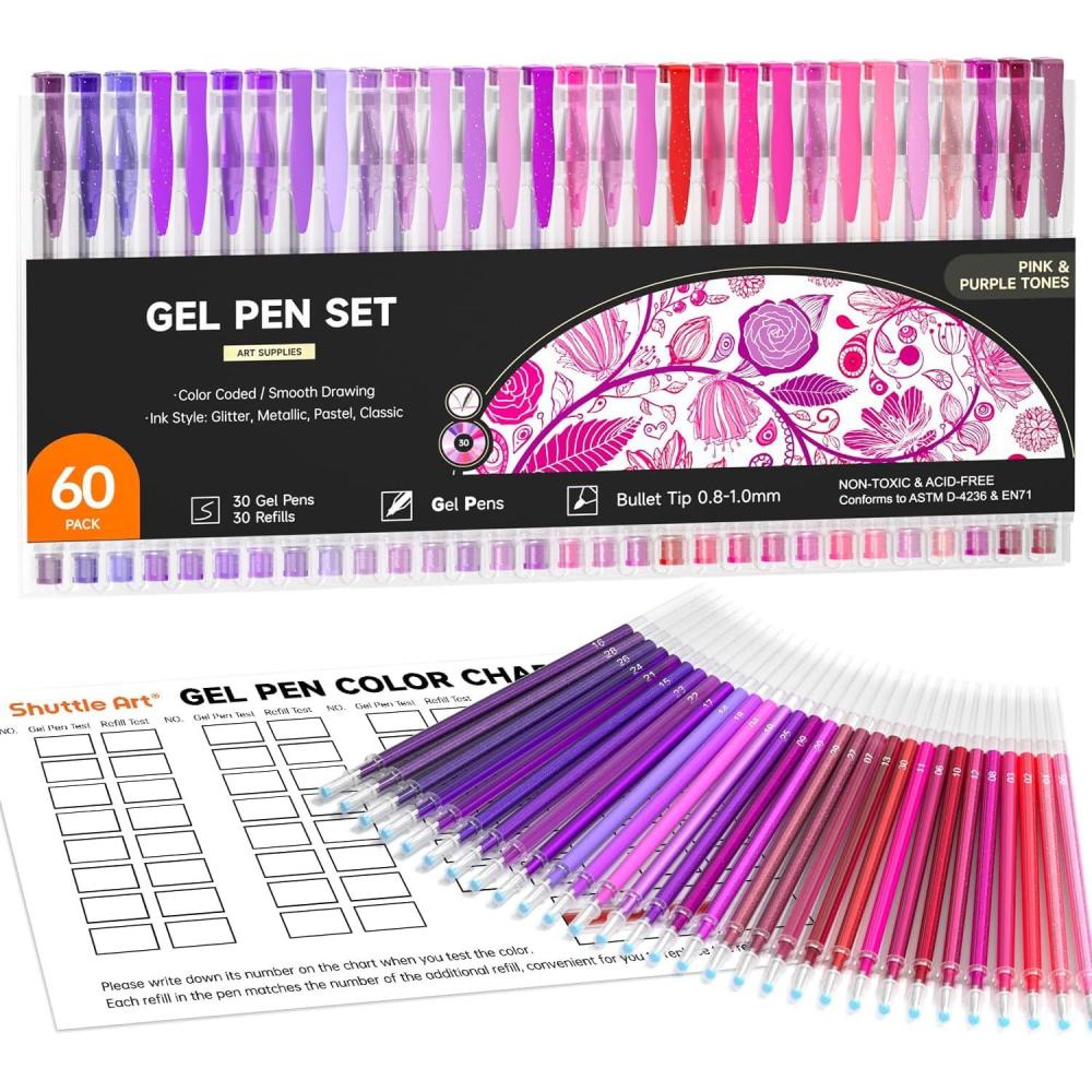 imageShuttle Art 60 Pack Tone  Pink Purple Gel Pens with 30 Refills for Adults Coloring Books Journaling Drawing Nature Landscapes Animals Scenes60 Pack Pink Purple Tone