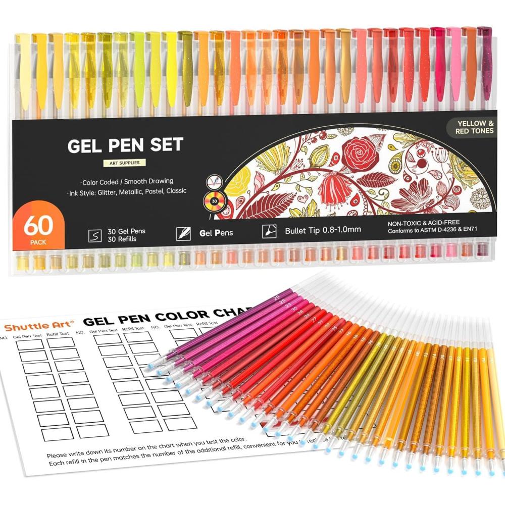 imageShuttle Art 60 Pack Tone  Pink Purple Gel Pens with 30 Refills for Adults Coloring Books Journaling Drawing Nature Landscapes Animals Scenes60 Pack Red Yellow Tone