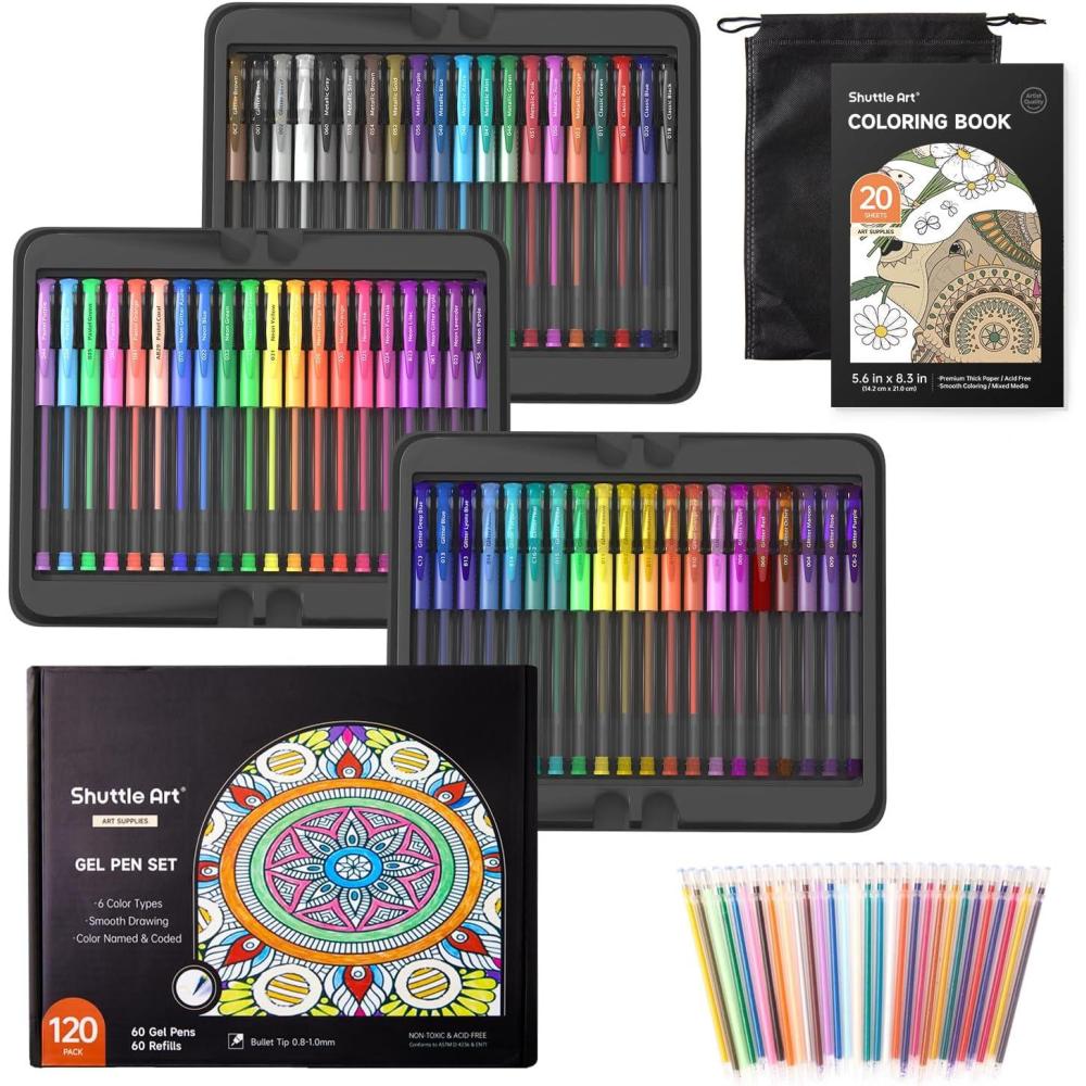 imageShuttle Art Gel Pens 120 Pack Gel Pen Set Packed in Sturdy Box 60 Unique Colors with 60 Refills for Adults Coloring Books Drawing Doodling Crafts Scrapbooking Journaling60 Colors with 60 Refills