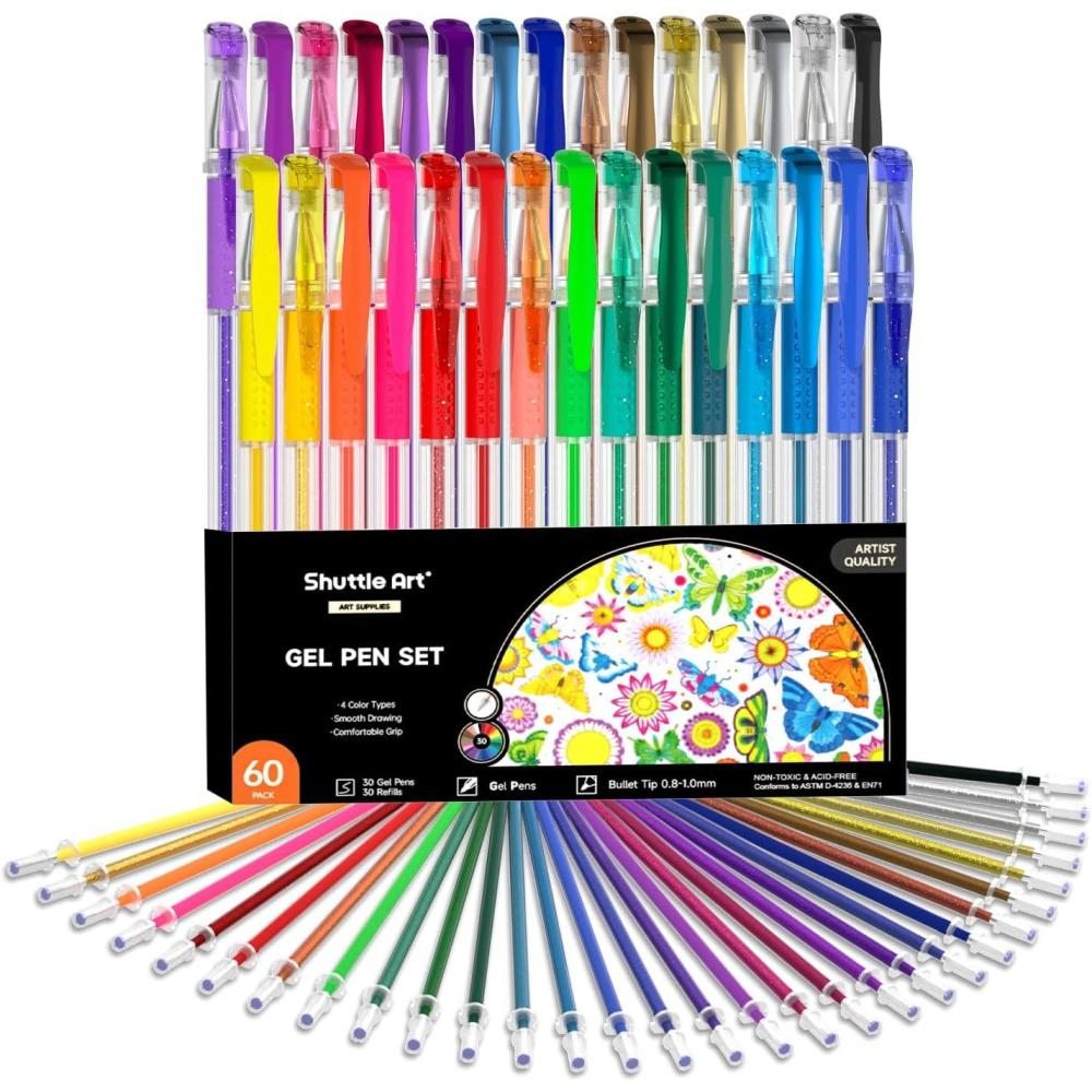 imageShuttle Art Gel Pens 60 Pack Gel Pen Set 30 Colored Gel Pen with 30 Refills for Adults Coloring Books Drawing Doodling Crafts Scrapbooking Journaling30 Colors with 30 Refills