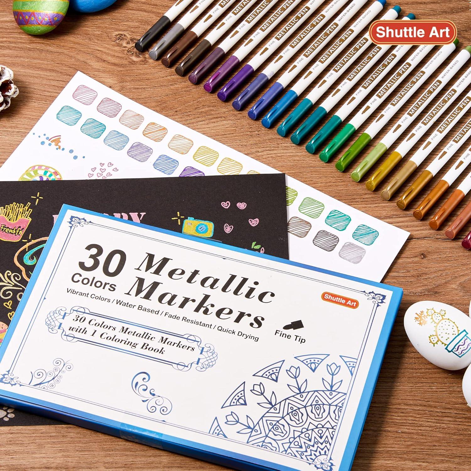 imageShuttle Art Metallic Marker Pens 30 Colors Metallic Paint Markers with 1 Coloring Book Fine Point for DIY Card Calligraphy Art and Crafting Projects Works Great on Black Paper Scrapbooks Rock30 colors