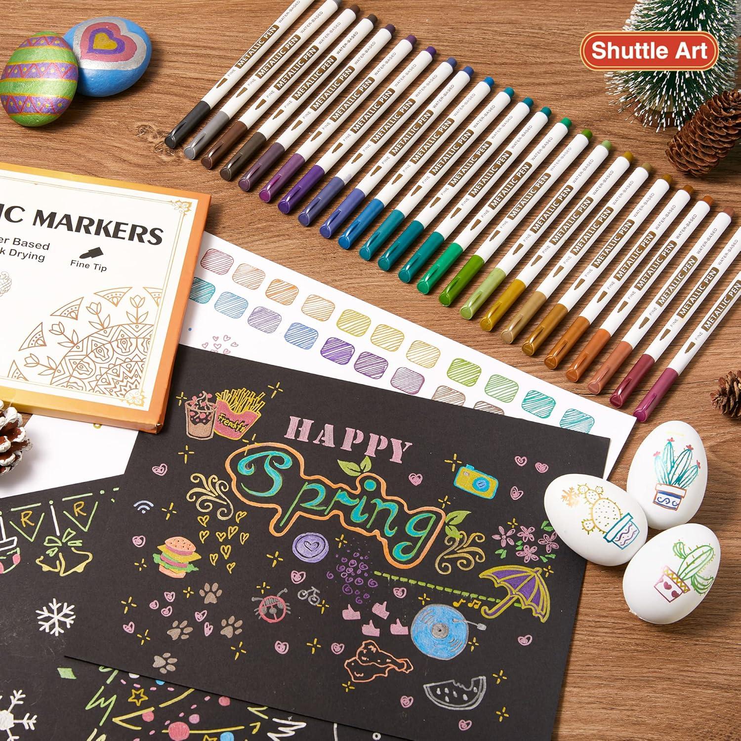 imageShuttle Art Metallic Marker Pens 30 Colors Metallic Paint Markers with 1 Coloring Book Fine Point for DIY Card Calligraphy Art and Crafting Projects Works Great on Black Paper Scrapbooks Rock24 colors