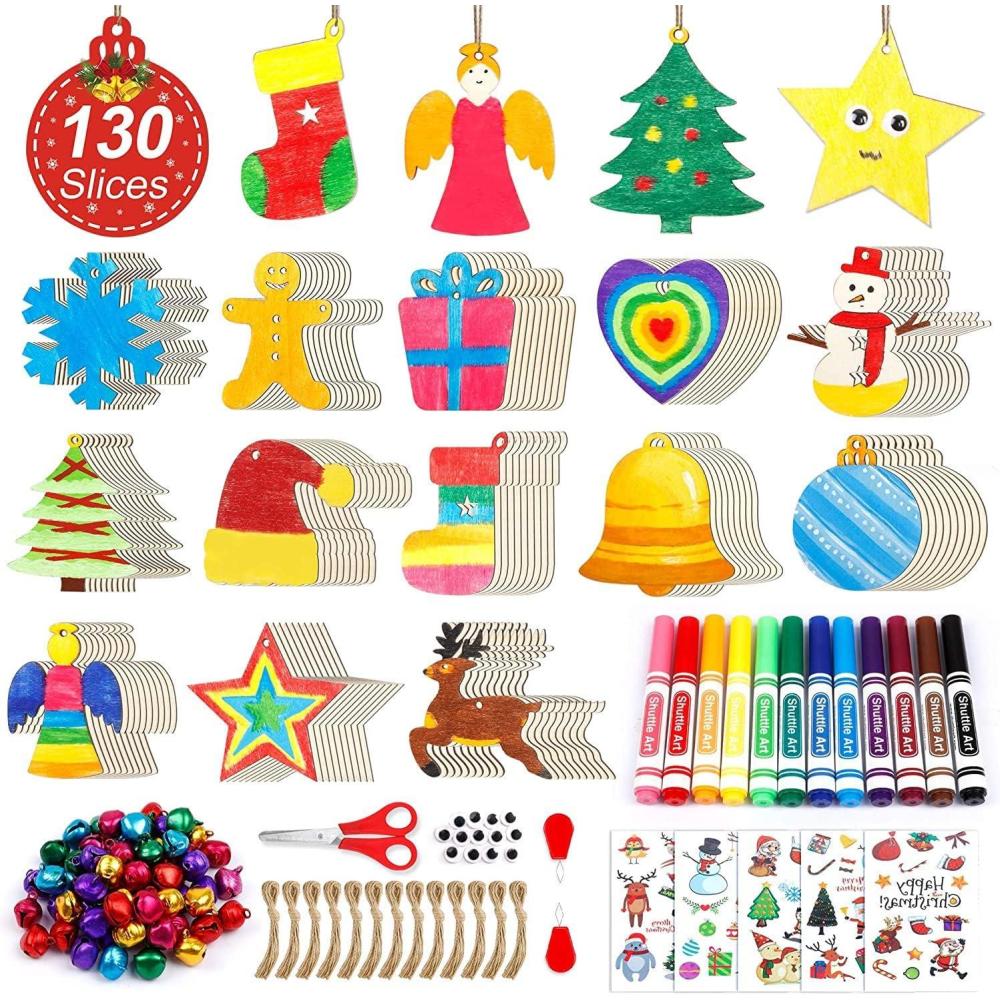 imageShuttle Art 360 PCS Wooden Christmas Ornament Kit 130 Unfinished Wood Slices with 13 Styles 130 Jute Twine 12 Colors Washable Markers 50 Bells DIY Christmas Decoration Crafts for Kids and Adults