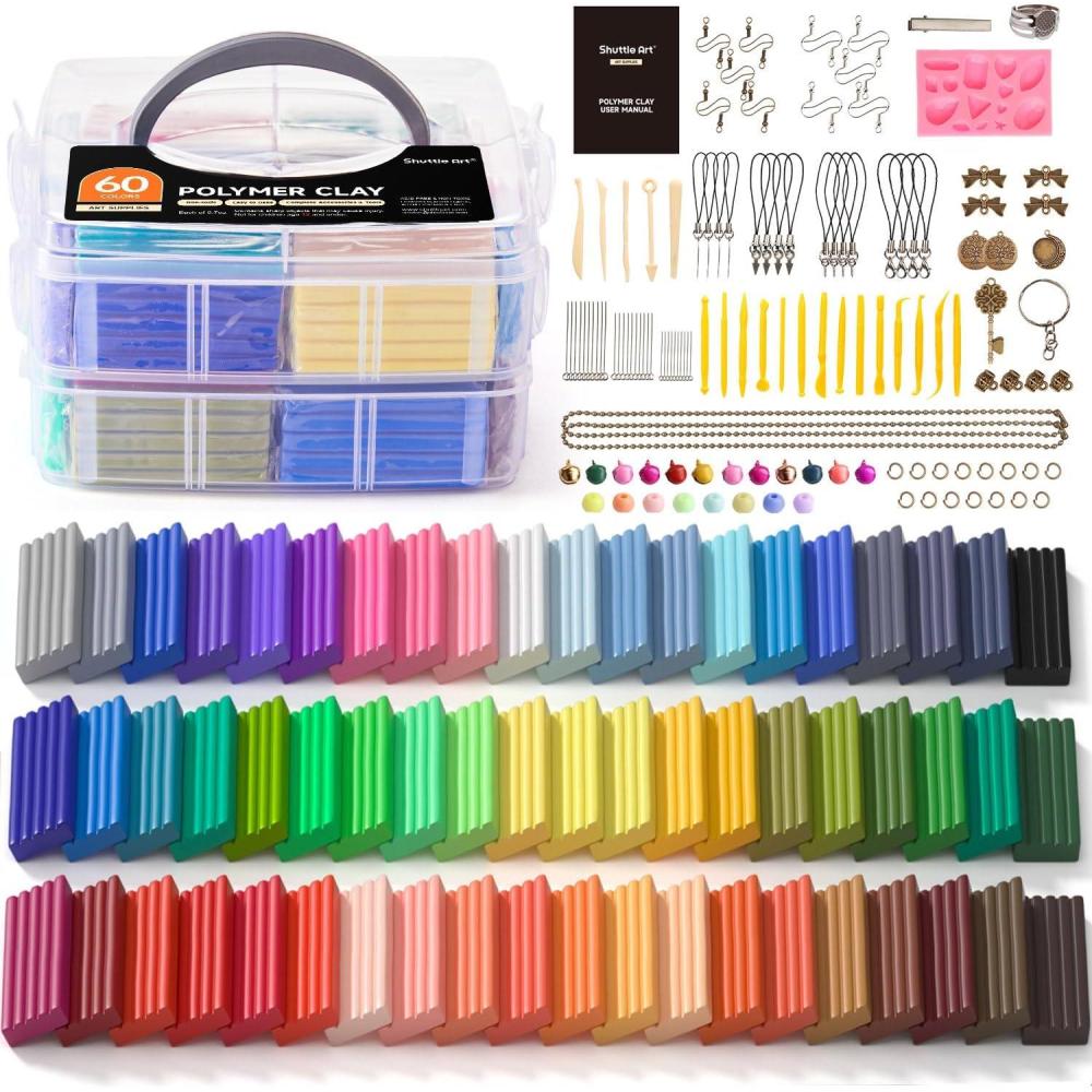 imageShuttle Art Polymer Clay Kit  60 Colors 19 Tools and 16 Accessories  NonToxic and NonSticky DIY Crafts for Kids and Adults60 Colors
