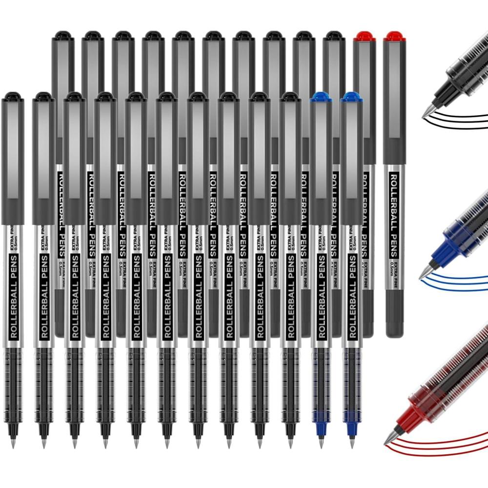 imageShuttle Art RollerBall Pens 25 Pack Black Fine Point Roller Ball Pens 05mm Liquid Ink Pens for Writing Journaling Taking Notes School Office21 black2 blue2 red