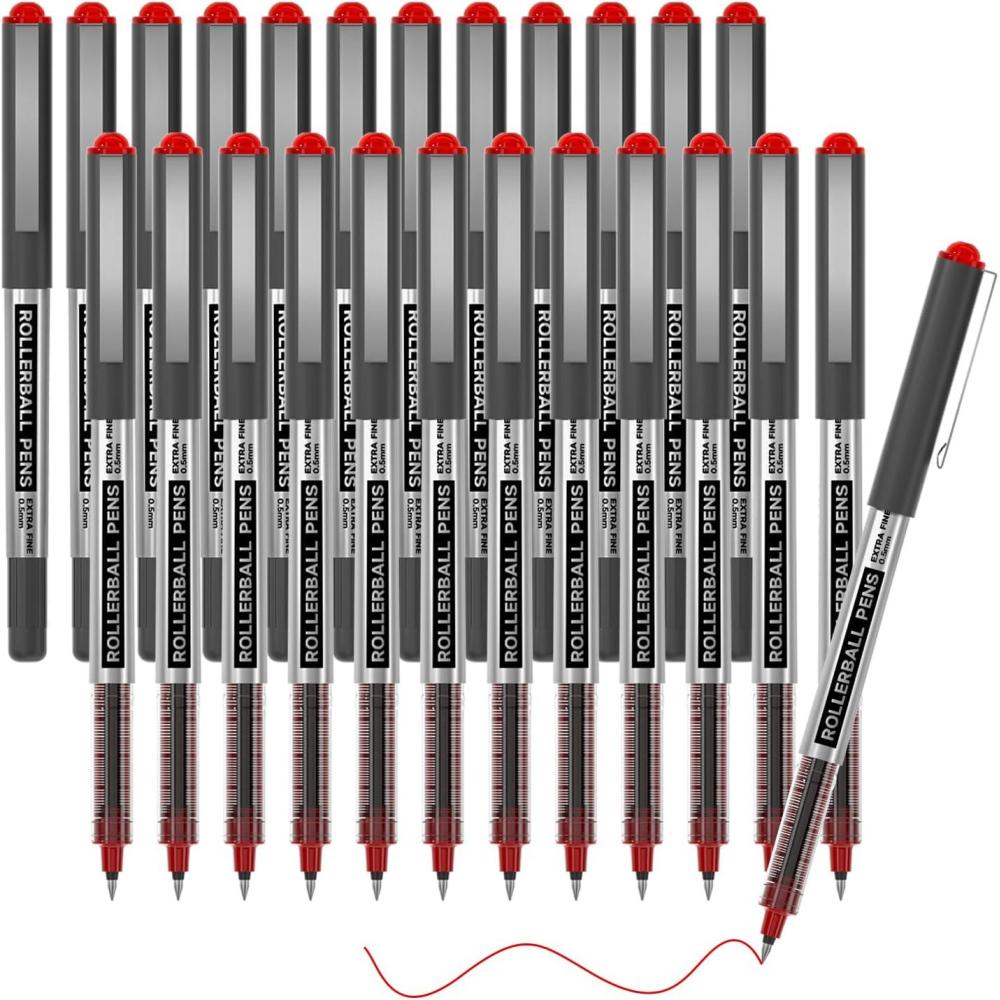 imageShuttle Art RollerBall Pens 25 Pack Black Fine Point Roller Ball Pens 05mm Liquid Ink Pens for Writing Journaling Taking Notes School OfficeRed