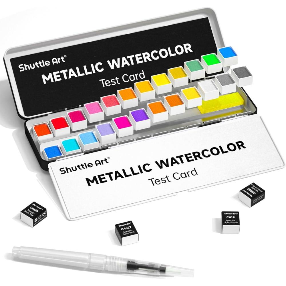 imageMetallic Watercolor Paints Shuttle Art 24 Colors Glitter Watercolor Paint in Half Pans with Water Brush Pen Watercolor Pad ampampMental Box Art Supplies for WatercolorPainting Illustrations Calligraphy