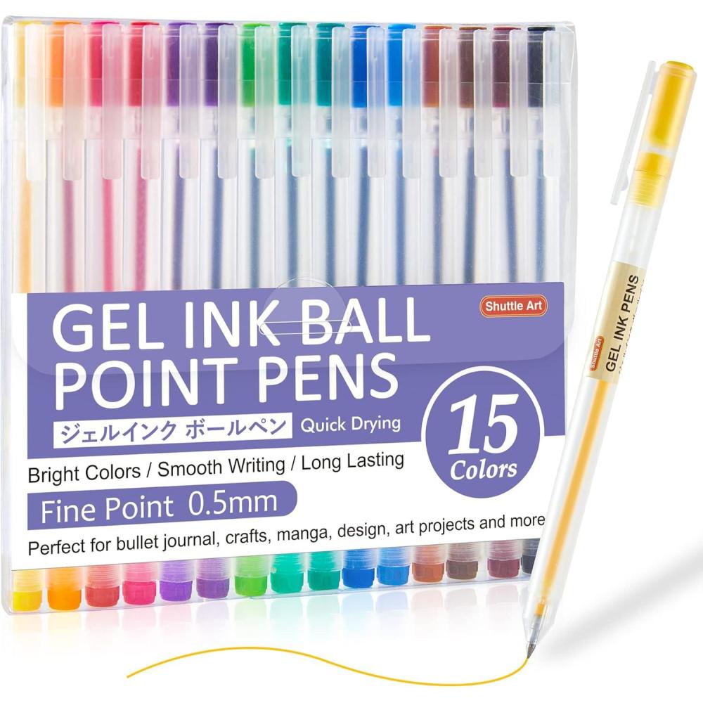 imageShuttle Art Gel Ink Ball Point Pens 15 Colors Japanese Style Pens 038mm ExtraFine Ballpoint Pens for Home School and Office15 Colors05mm