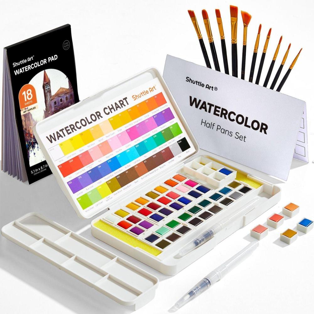 imageWatercolor Paint Set Shuttle Art 48 Colors Watercolor Paint in Half Pans with 2 Water Brush Pens 10 Paint Brushes 1 Watercolor Pad 1 Palette 2 Color Charts Watercolor Kit for KidsAdults Artists48 Colors