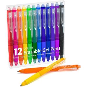 Erasable Gel Pens, 12 Colors Retractable Fine Point Erasable Pens Clicker, Assorted Color Inks, Make Mistakes Disappear for Drawing Writing Planner and Crossword Puzzles(12 Colors Erasable Pens)