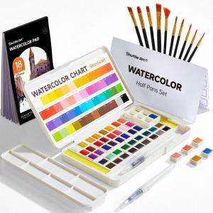 Watercolor Paint Set, Shuttle Art 48 Colors Watercolor Paint in Half Pans with 2 Water Brush Pens, 10 Paint Brushes, 1 Watercolor Pad, 1 Palette, 2 Color Charts, Watercolor Kit for KidsAdults, Artists(48 Colors)