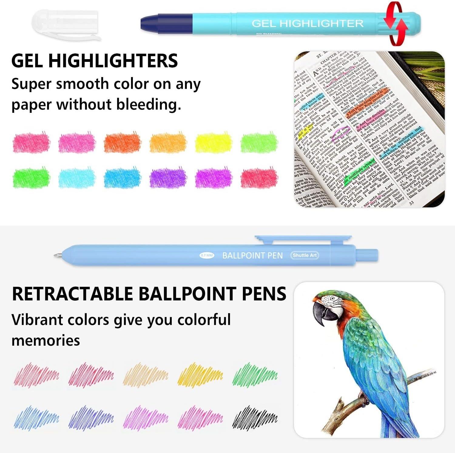 imageBible Highlighters and Pens 22 Pack Journaling Kit 12 Colors Gel Highlighters and 10 Colors Ballpoint Pens with a storage bag Bible Markers No Bleed Through by Shuttle Art12 Gel Highlighters 10 Ballpoint Pens