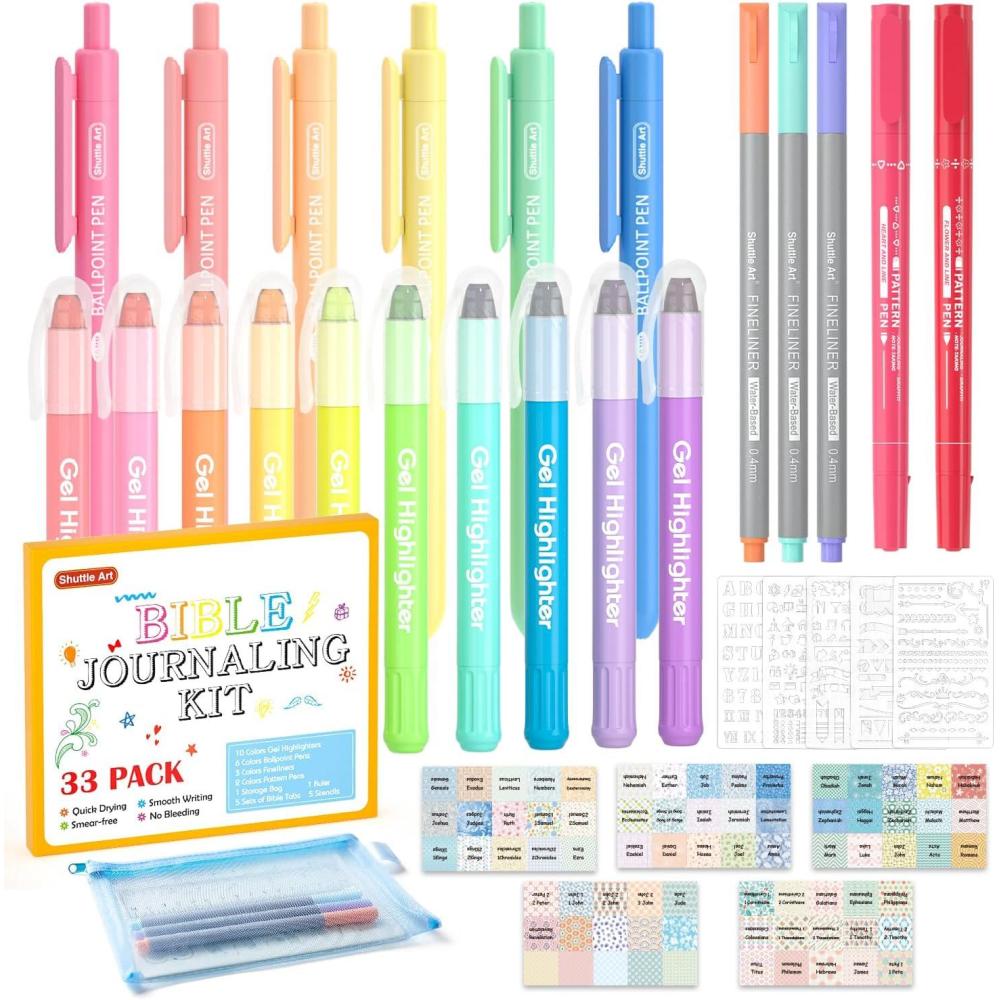 imageBible Highlighters and Pens 22 Pack Journaling Kit 12 Colors Gel Highlighters and 10 Colors Ballpoint Pens with a storage bag Bible Markers No Bleed Through by Shuttle Art1 Count Pack of 34