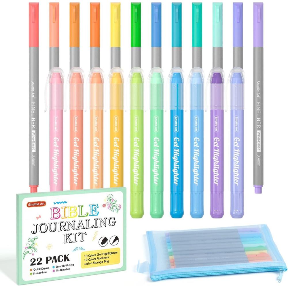 imageBible Highlighters and Pens 22 Pack Journaling Kit 12 Colors Gel Highlighters and 10 Colors Ballpoint Pens with a storage bag Bible Markers No Bleed Through by Shuttle Art1 Count Pack of 22