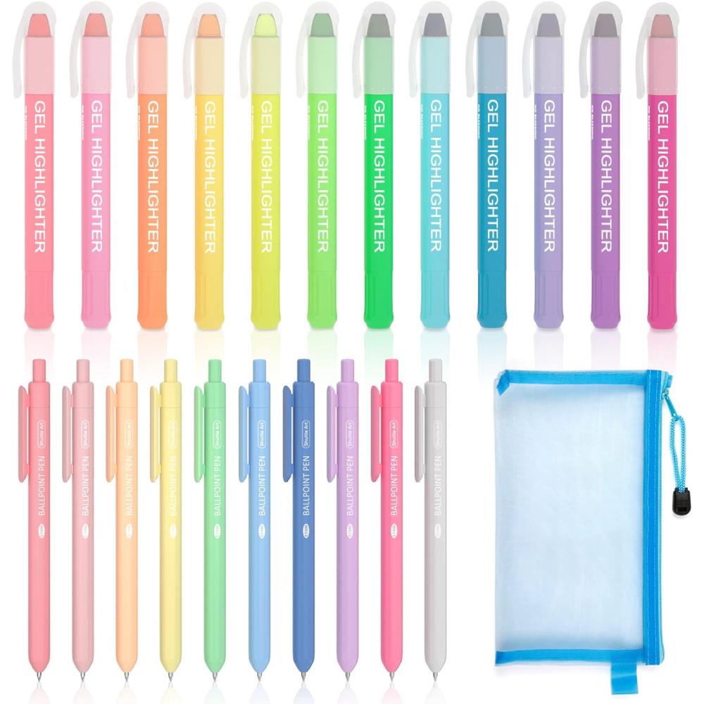 imageBible Highlighters and Pens 22 Pack Journaling Kit 12 Colors Gel Highlighters and 10 Colors Ballpoint Pens with a storage bag Bible Markers No Bleed Through by Shuttle Art12 Gel Highlighters 10 Ballpoint Pens