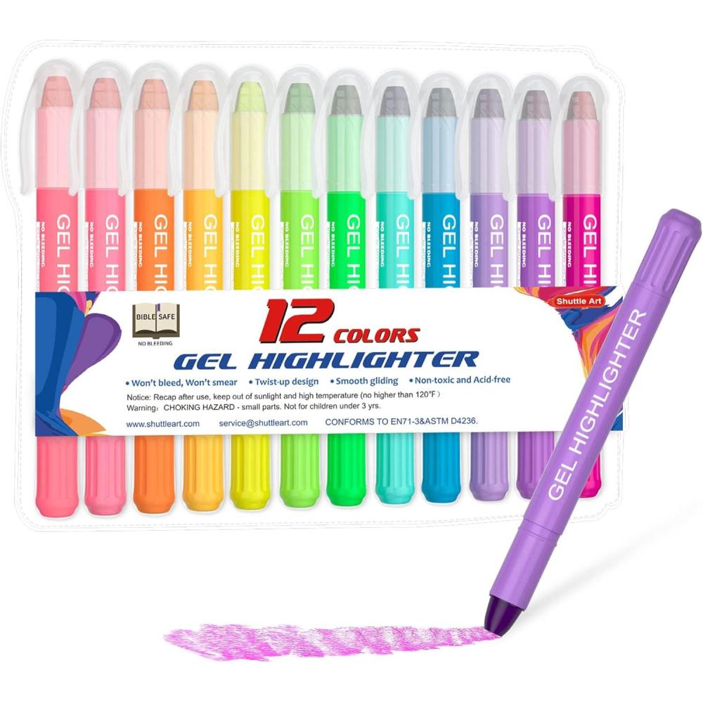 imageShuttle Art 16 Pack Gel Highlighters 8 Assorted Colors Highlighter Study Kit Great for Journaling Highlighting and Studying12 Colors