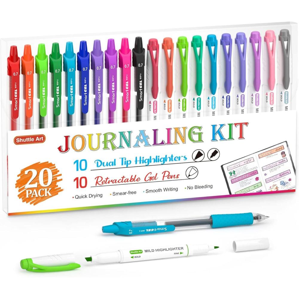 imageShuttle Art 20 Pack Journaling Kit10 Colors Dual Tip Highlighters and 10 Colors Retractable Gel Ink PensPerfect for Kids and Adults ColoringUnderlining Highlighting Writing in Office HomeampampSchool