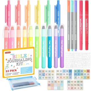 Bible Highlighters and Pens, 22 Pack Journaling Kit, 12 Colors Gel Highlighters and 10 Colors Ballpoint Pens with a storage bag, Bible Markers No Bleed Through by Shuttle Art(1 Count (Pack of 34))