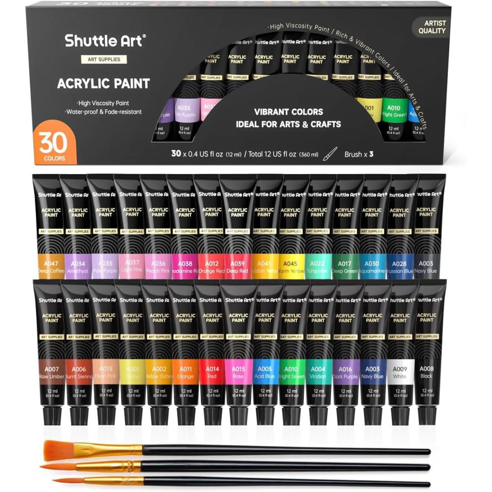 imageShuttle Art Acrylic Paint Set 30 x12ml Tubes Artist Quality Non Toxic Rich Pigments Colors Great for Kids Adults Professional Painting on Rocks Canvas Wood Clay Fabric Ceramic Crafts30 Colors