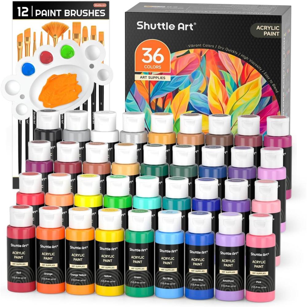 image72 Pack Acrylic Paint Set Shuttle Art 60 Colors Acrylic Paint Including Extra White Black ampamp 12 Brushes 2oz60ml Rich Pigmented Water Proof Ideal for Artists Beginners on Canvas Rock Wood CeramicRegular