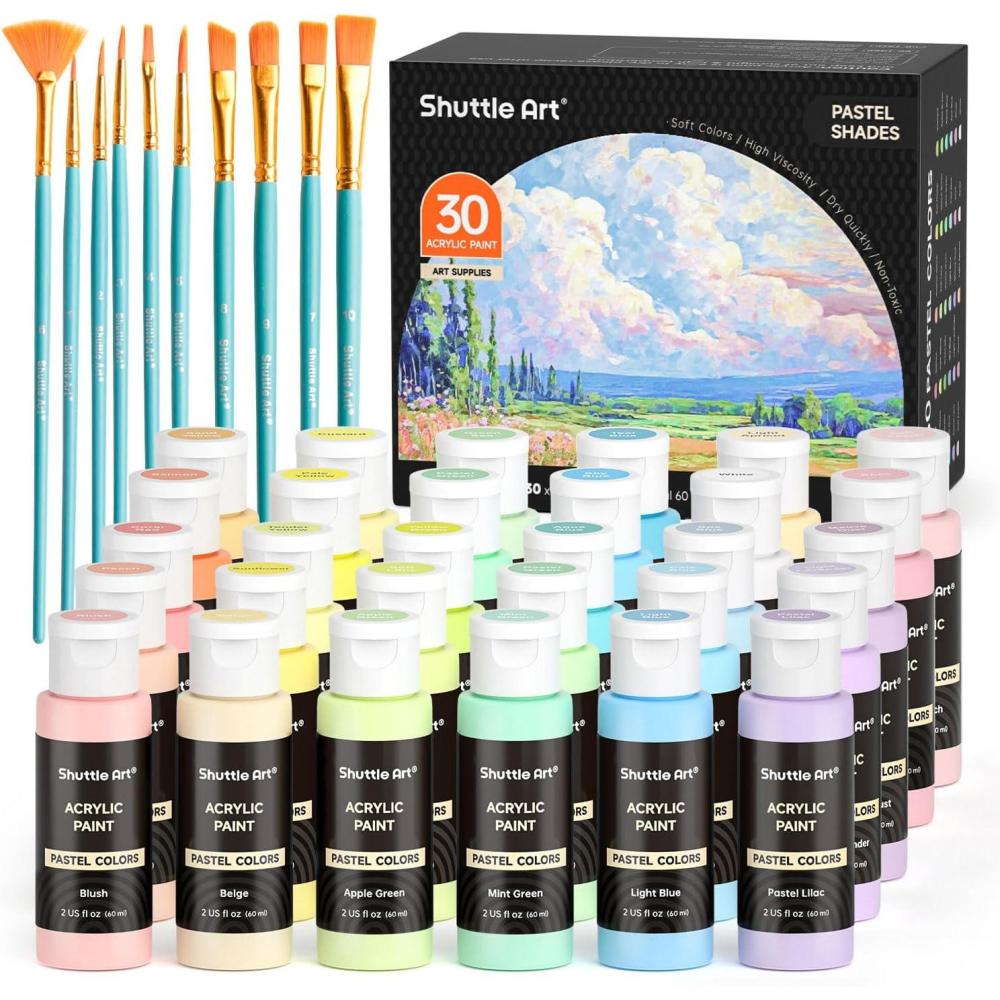 imageShuttle Art 100 Colors Acrylic Paint 2oz60ml Bottles Include 2 Sets of 12 Paint Brushes 1 Art Sponge ampamp Palette Premium for Artists Beginners ampamp Kids on Canvas Rocks Wood CeramicPastel