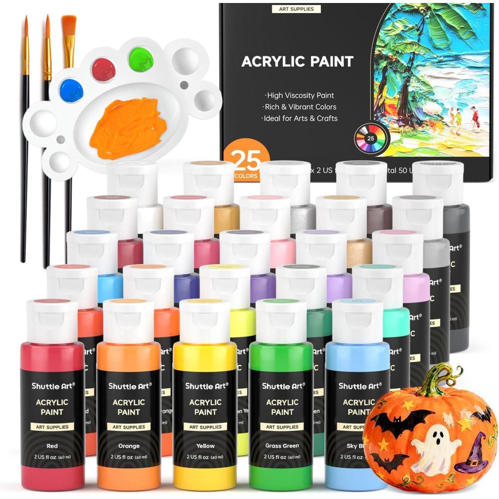 imageShuttle Art 100 Colors Acrylic Paint 2oz60ml Bottles Include 2 Sets of 12 Paint Brushes 1 Art Sponge ampamp Palette Premium for Artists Beginners ampamp Kids on Canvas Rocks Wood CeramicRegular