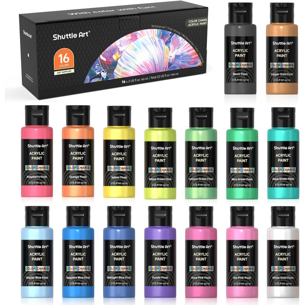 imageShuttle Art 100 Colors Acrylic Paint 2oz60ml Bottles Include 2 Sets of 12 Paint Brushes 1 Art Sponge ampamp Palette Premium for Artists Beginners ampamp Kids on Canvas Rocks Wood CeramicChameleon