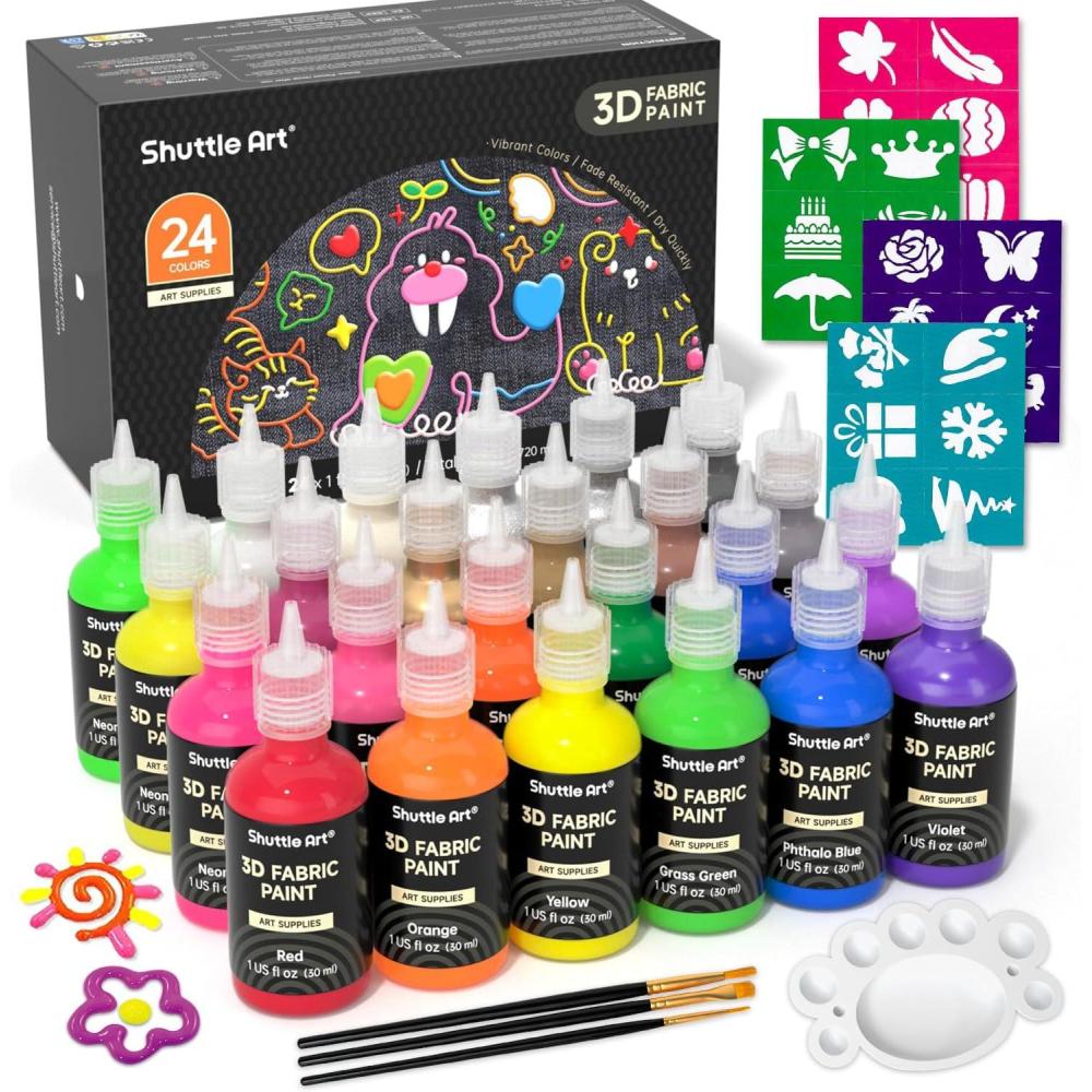 imageShuttle Art Fabric Paint 24 Colors 3D Permanent Paint with Brushes Palette Pen Fabric Sheet Stencils Glow in The Dark Glitter Metallic Colors for Textile Fabric Tshirt Jeans Glass