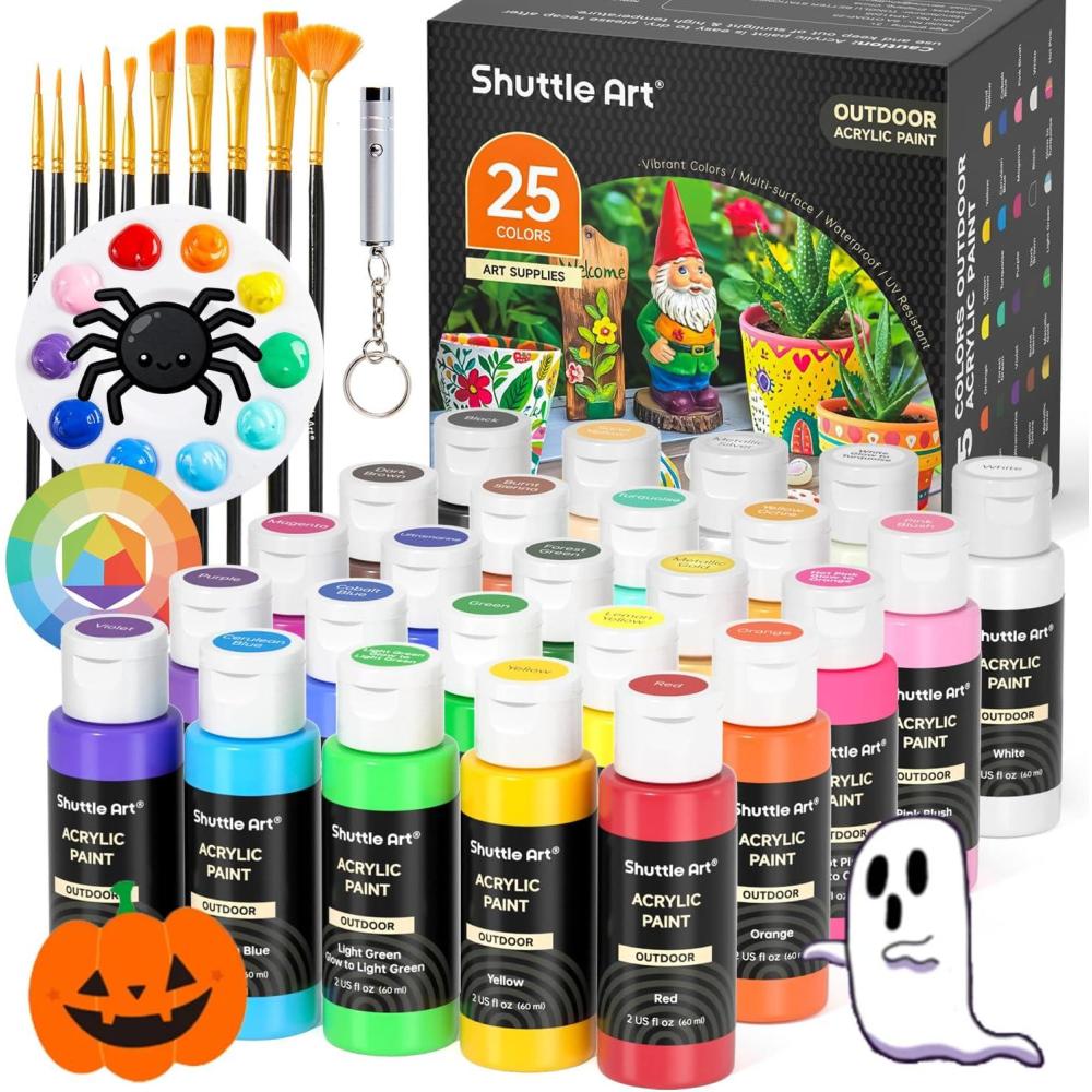 imageShuttle Art Outdoor Acrylic Paint Set 36 Colors 2oz60ml Waterproof Acrylic Paint with 10 Brushes 1 Palette Rich Pigmented Paints for Artists Beginners on Rocks Wood Crafts Garden Statues25 Colors