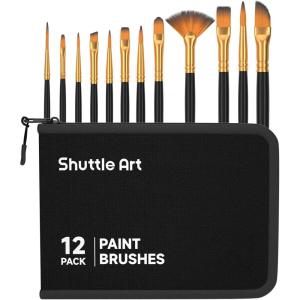 Shuttle Art 12 PCS Paint Brush Set with Case, Assorted Shapes & Sizes for Acrylic, Watercolor, Oil, and Gouache, Perfect Artist Brushes for Kids, Beginners, and Professionals, Ideal for Home or Travel(Black)