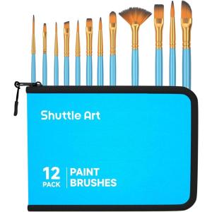 Shuttle Art 12 PCS Paint Brush Set with Case, Assorted Shapes & Sizes for Acrylic, Watercolor, Oil, and Gouache, Perfect Artist Brushes for Kids, Beginners, and Professionals, Ideal for Home or Travel(Blue)
