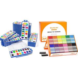 Shuttle Art 16 Colors Watercolor Paint Set Bundle – 24 Pack 16 Colors Watercolor Paint Set Bulk + 264 Pack 8 Assorted Colors Washable Markers
