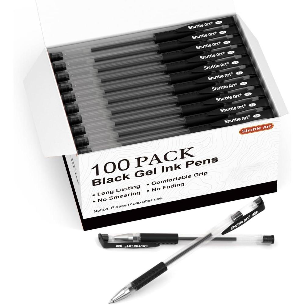 imageShuttle Art Black Gel Pens 50 Pack Fine Point Black Ink Pens Bulk 05mm Rollerball Gel Ink Pens Smooth Writing with Comfortable Grip for Office School and Home100