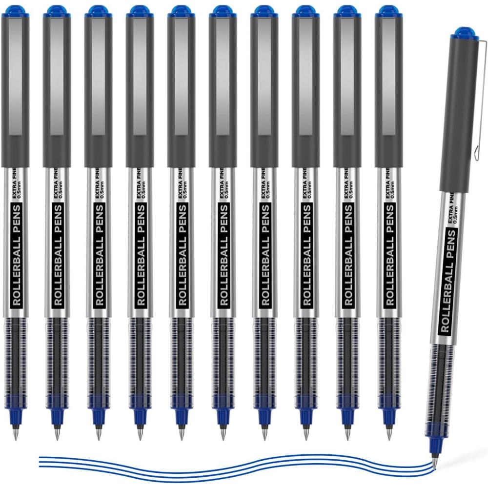 imageShuttle Art Rollerball Pens 10 Pack Blue Liquid Ink Pens 05mm Extra Fine Point Quick Drying for Writing Journaling Taking Notes School Office