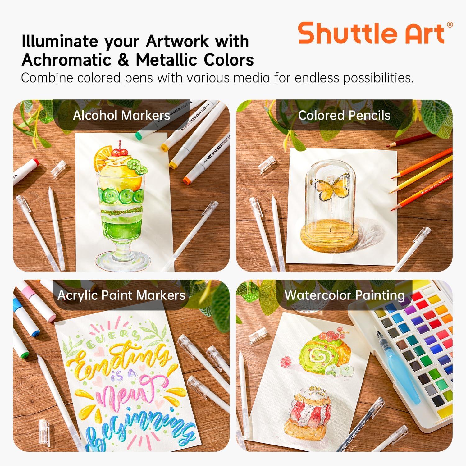 imageShuttle Art Colored Pens 24 Blue ampamp Green Tone Colors Cute Journal Pens 06mm Fine Point Colored Gel Pens for Black Paper Adult Coloring Writing Drawing Journaling Note Taking School Office Home22 Black White Gray  Metallic Tone