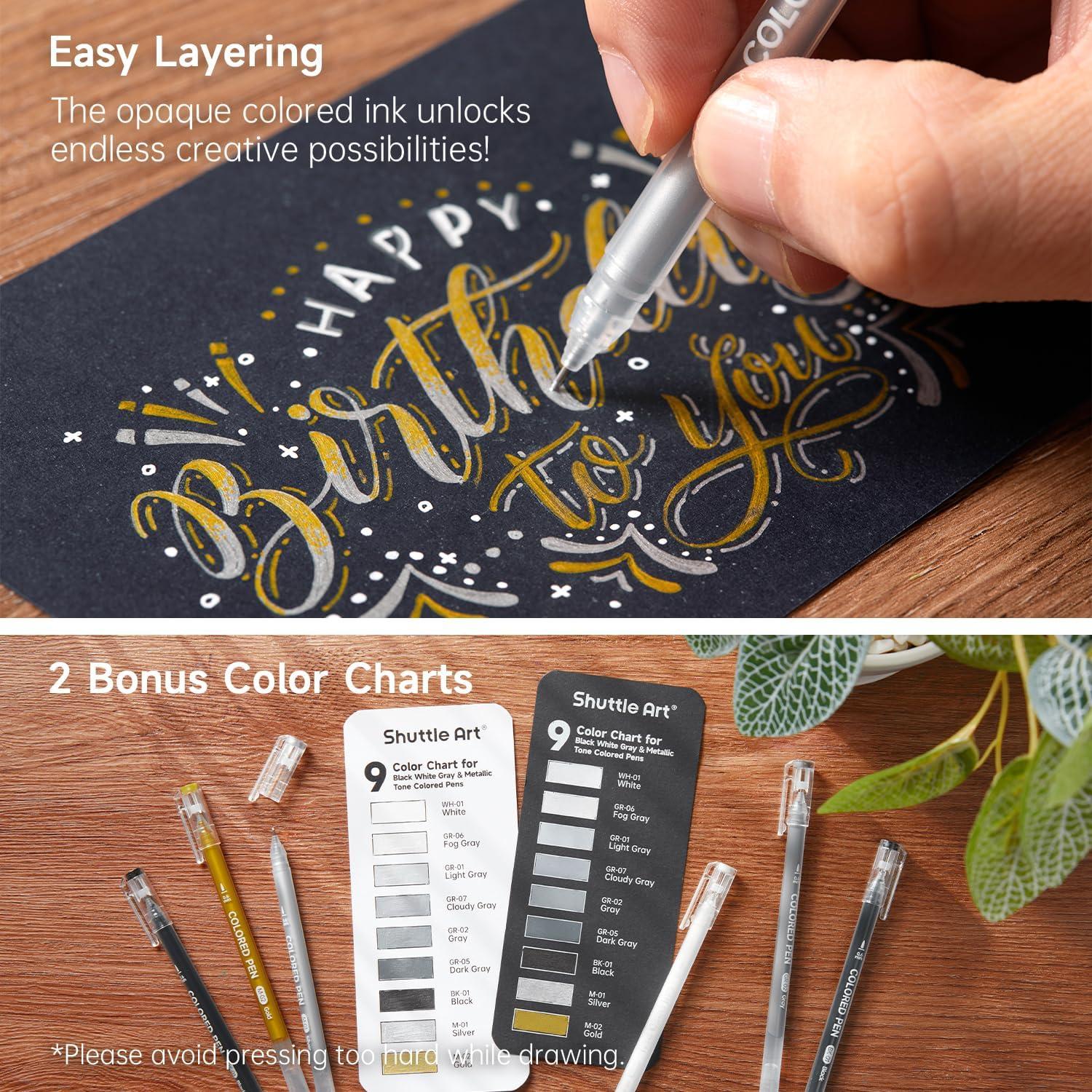 imageShuttle Art Colored Pens 24 Blue ampamp Green Tone Colors Cute Journal Pens 06mm Fine Point Colored Gel Pens for Black Paper Adult Coloring Writing Drawing Journaling Note Taking School Office Home22 Black White Gray  Metallic Tone