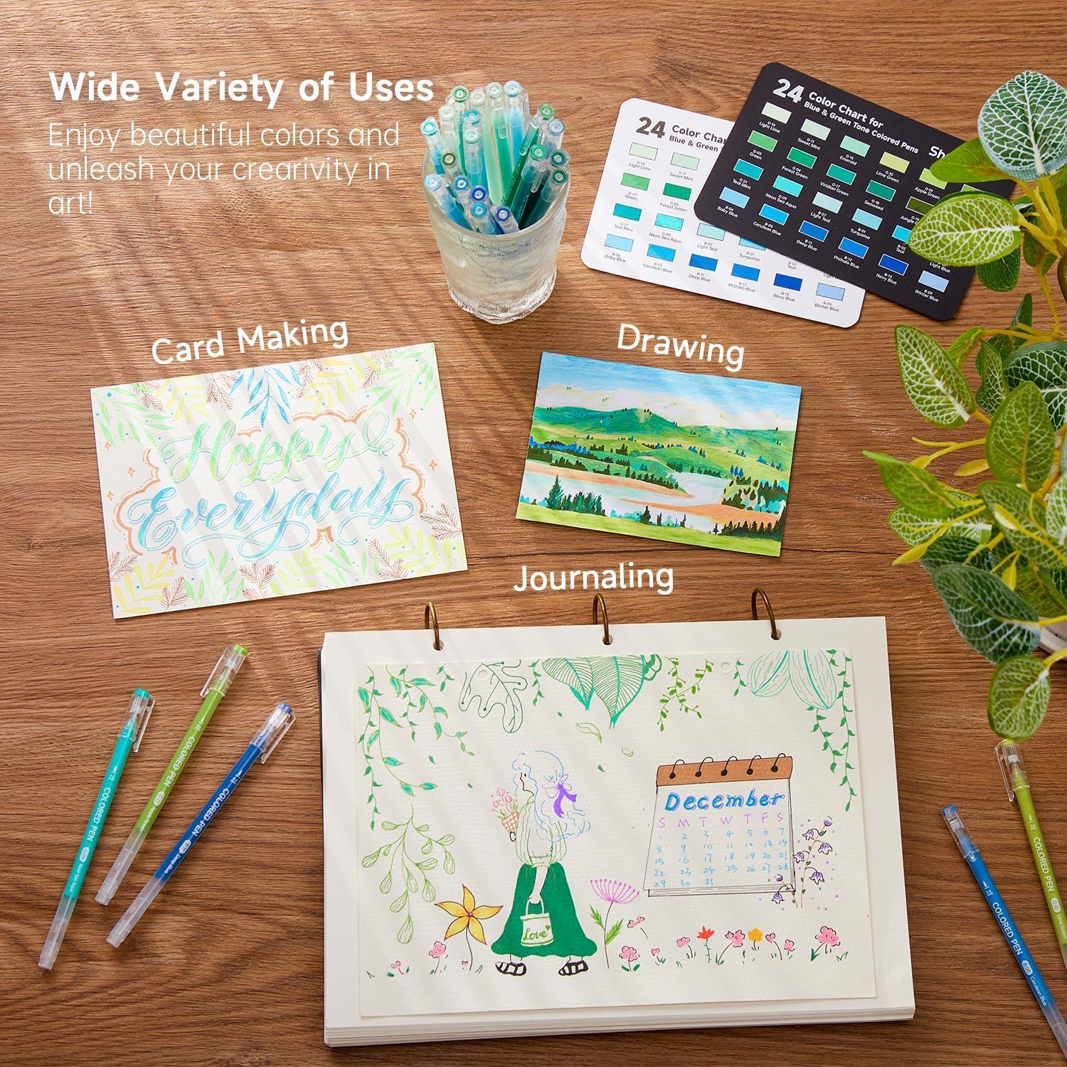 imageShuttle Art Colored Pens 24 Blue ampamp Green Tone Colors Cute Journal Pens 06mm Fine Point Colored Gel Pens for Black Paper Adult Coloring Writing Drawing Journaling Note Taking School Office Home24 Colors