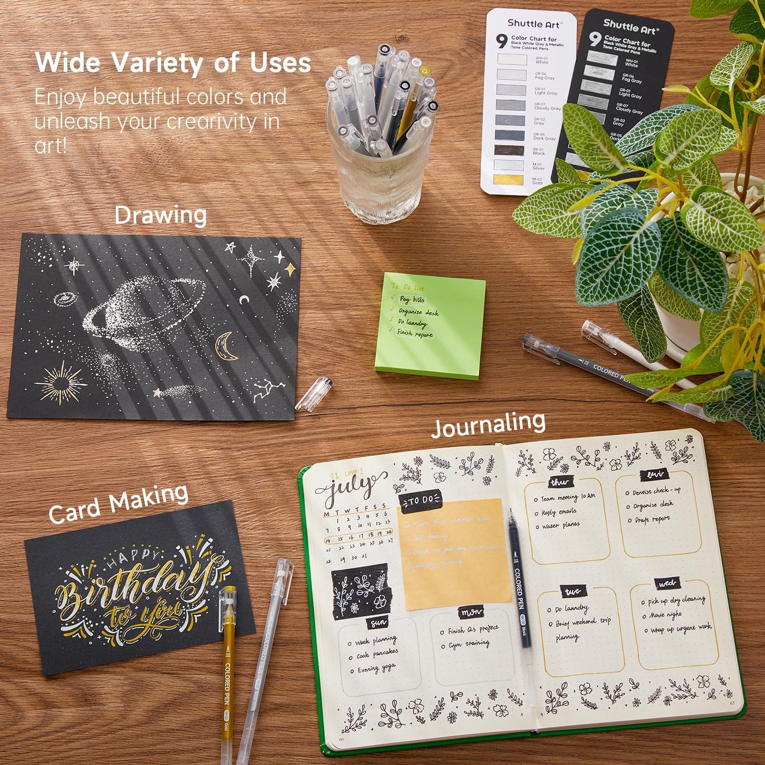 imageShuttle Art Colored Pens 24 Blue ampamp Green Tone Colors Cute Journal Pens 06mm Fine Point Colored Gel Pens for Black Paper Adult Coloring Writing Drawing Journaling Note Taking School Office Home22 Black White Gray  Metallic Tone