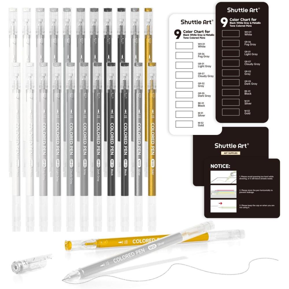 imageShuttle Art Colored Pens 24 Blue ampamp Green Tone Colors Cute Journal Pens 06mm Fine Point Colored Gel Pens for Black Paper Adult Coloring Writing Drawing Journaling Note Taking School Office Home22 Black White Gray  Metallic Tone