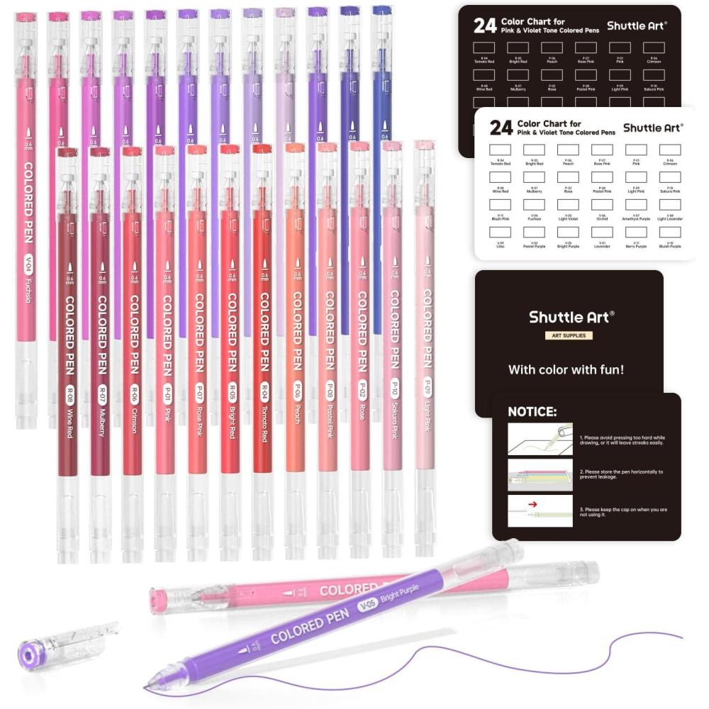 imageShuttle Art Colored Pens 24 Blue ampamp Green Tone Colors Cute Journal Pens 06mm Fine Point Colored Gel Pens for Black Paper Adult Coloring Writing Drawing Journaling Note Taking School Office Home24 Pink  Purple Tone