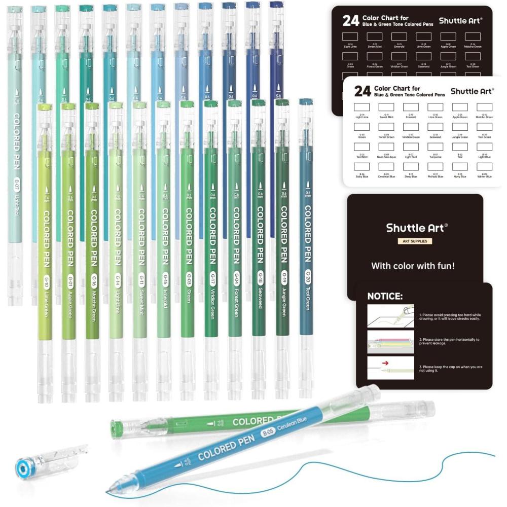 imageShuttle Art Colored Pens 24 Blue ampamp Green Tone Colors Cute Journal Pens 06mm Fine Point Colored Gel Pens for Black Paper Adult Coloring Writing Drawing Journaling Note Taking School Office Home24 Colors