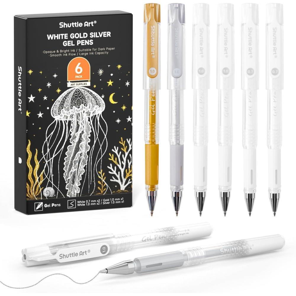 imageShuttle Art White Gold Silver Gel Pens 6 Pack 07mm 10mm Metallic Gel Ink Pens Fine Point for Black Paper Highlighting Card Making Scrapbooking Coloring Writing Drawing School Office Home4 White  1 Gold  1 Silver